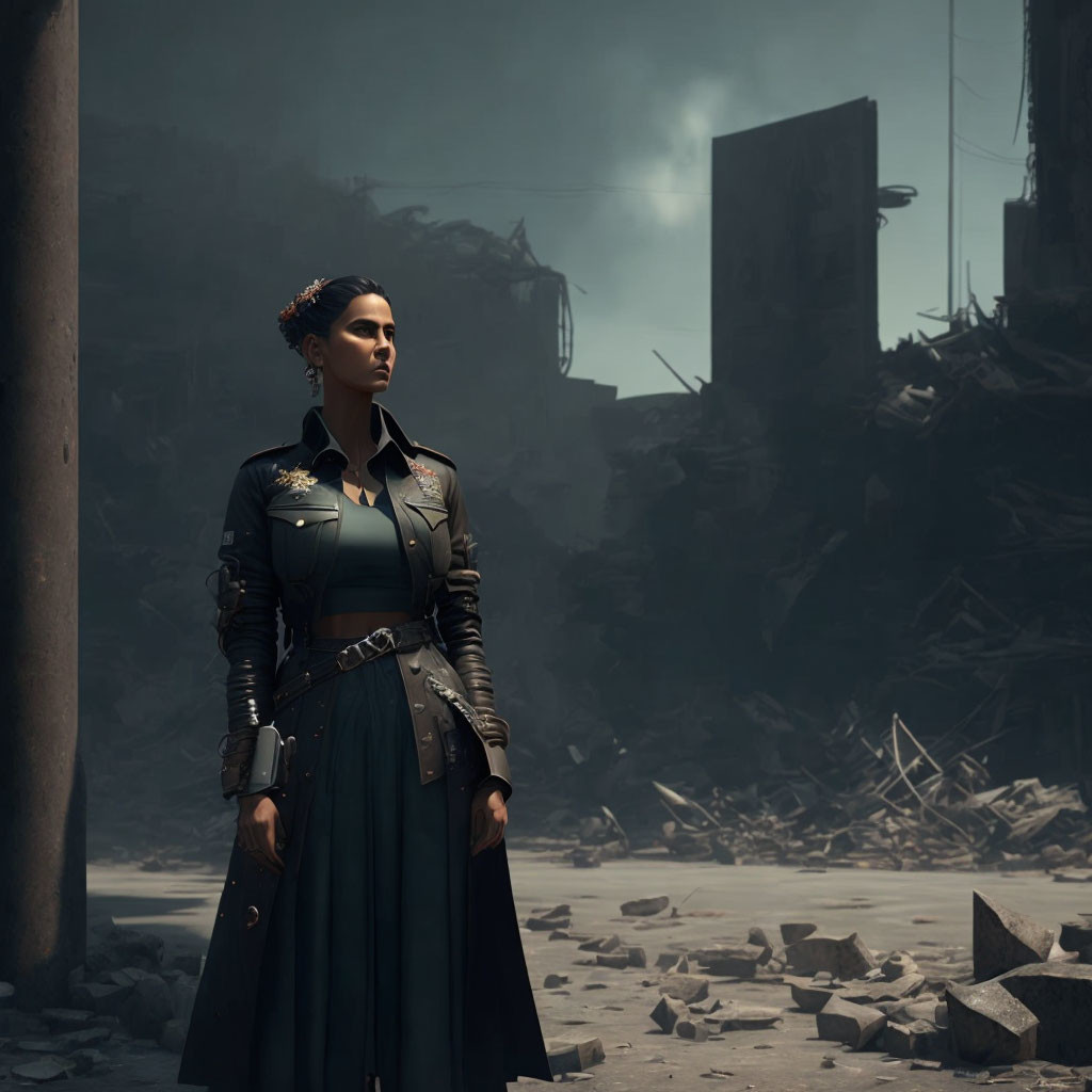 Determined woman in dystopian setting wearing military-style outfit amid rubble