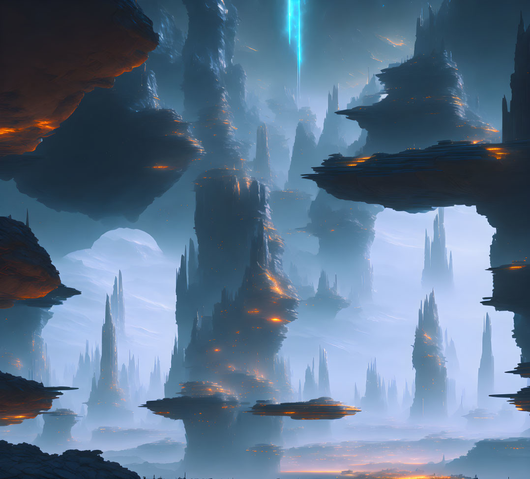 Majestic alien landscape with towering spires and mystical blue light beam