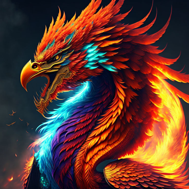 Colorful mythical phoenix illustration with fiery red plumage on dark background