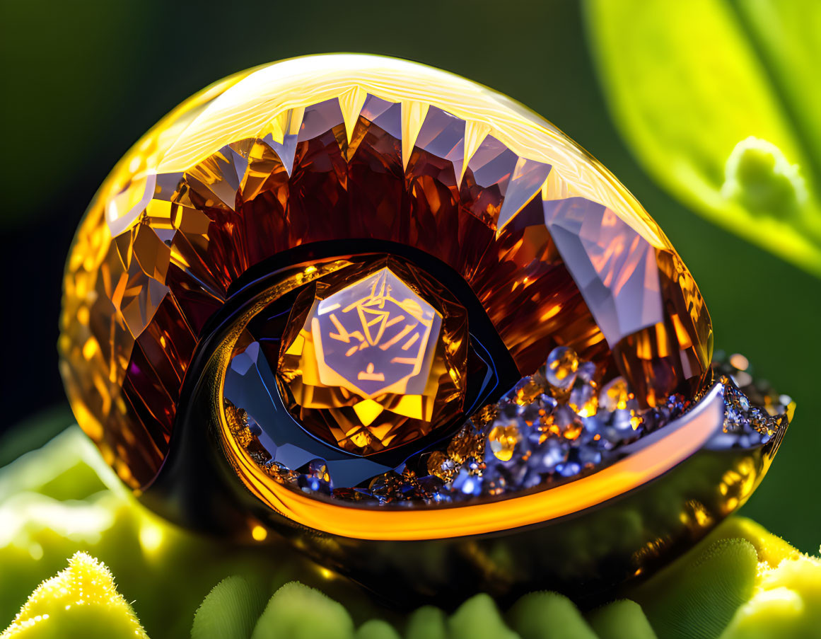 Faceted Amber Gemstone on Gold Band with Diamonds and Leaf on Dark Green Background