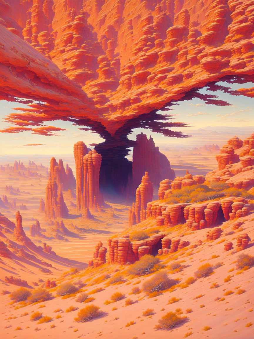 Surreal desert landscape with red rock formations and overhanging structure