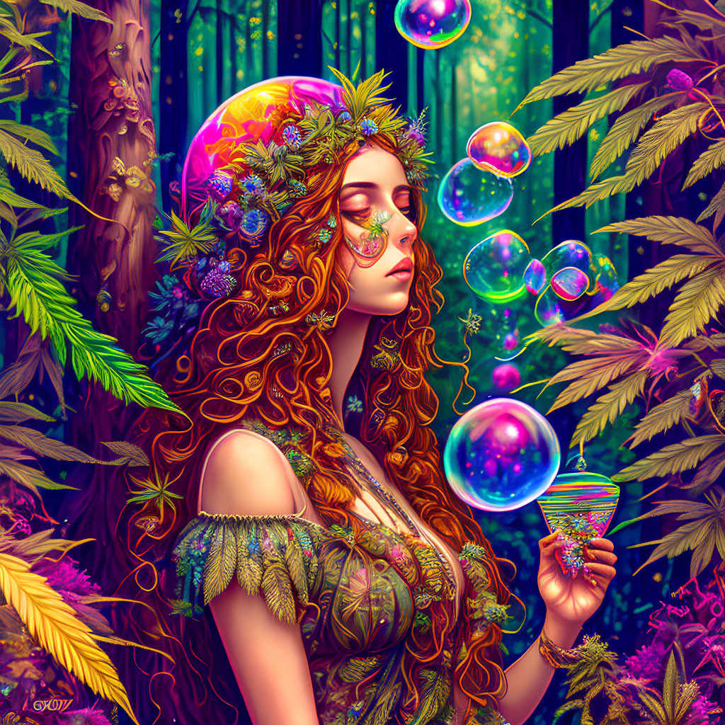 Mystical woman with ornate headwear in vibrant forest scene