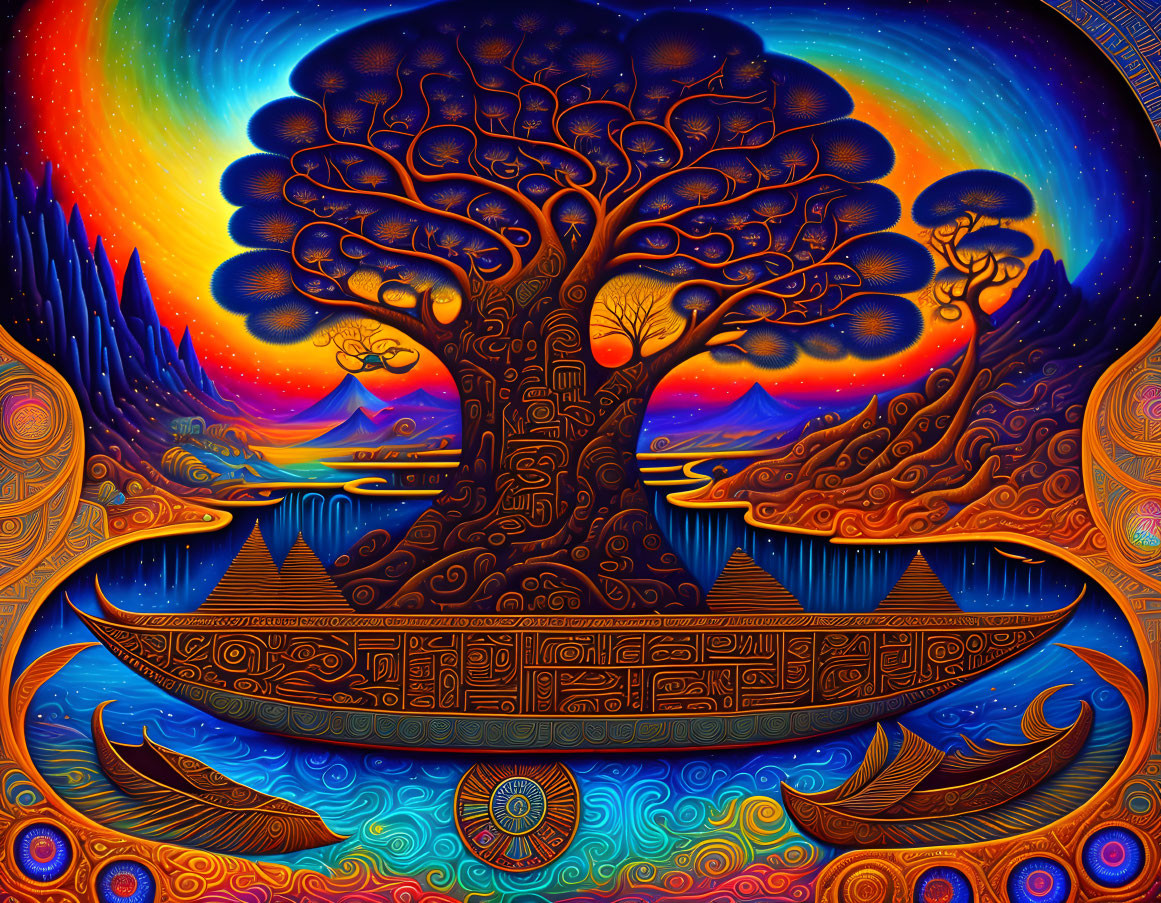 Colorful Psychedelic Tree of Life with Tribal Patterns and Waterfalls