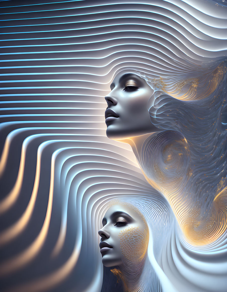 Surreal digital art: Two female faces in blue tones with gold patterns