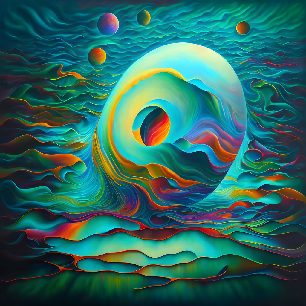 Colorful Surreal Waves with Swirling Portal and Celestial Bodies