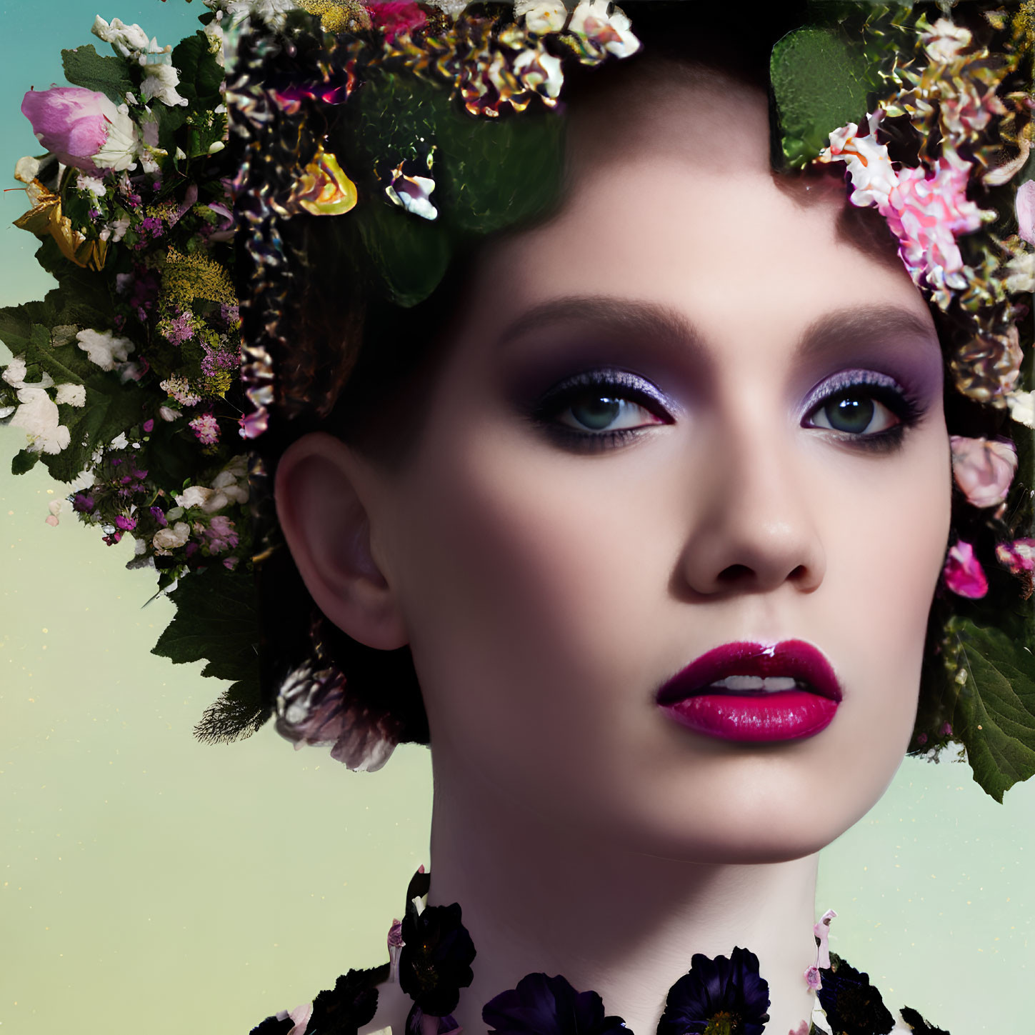 Woman with Floral Crown and Vibrant Makeup: Purple Eyeshadow, Pink Lipstick