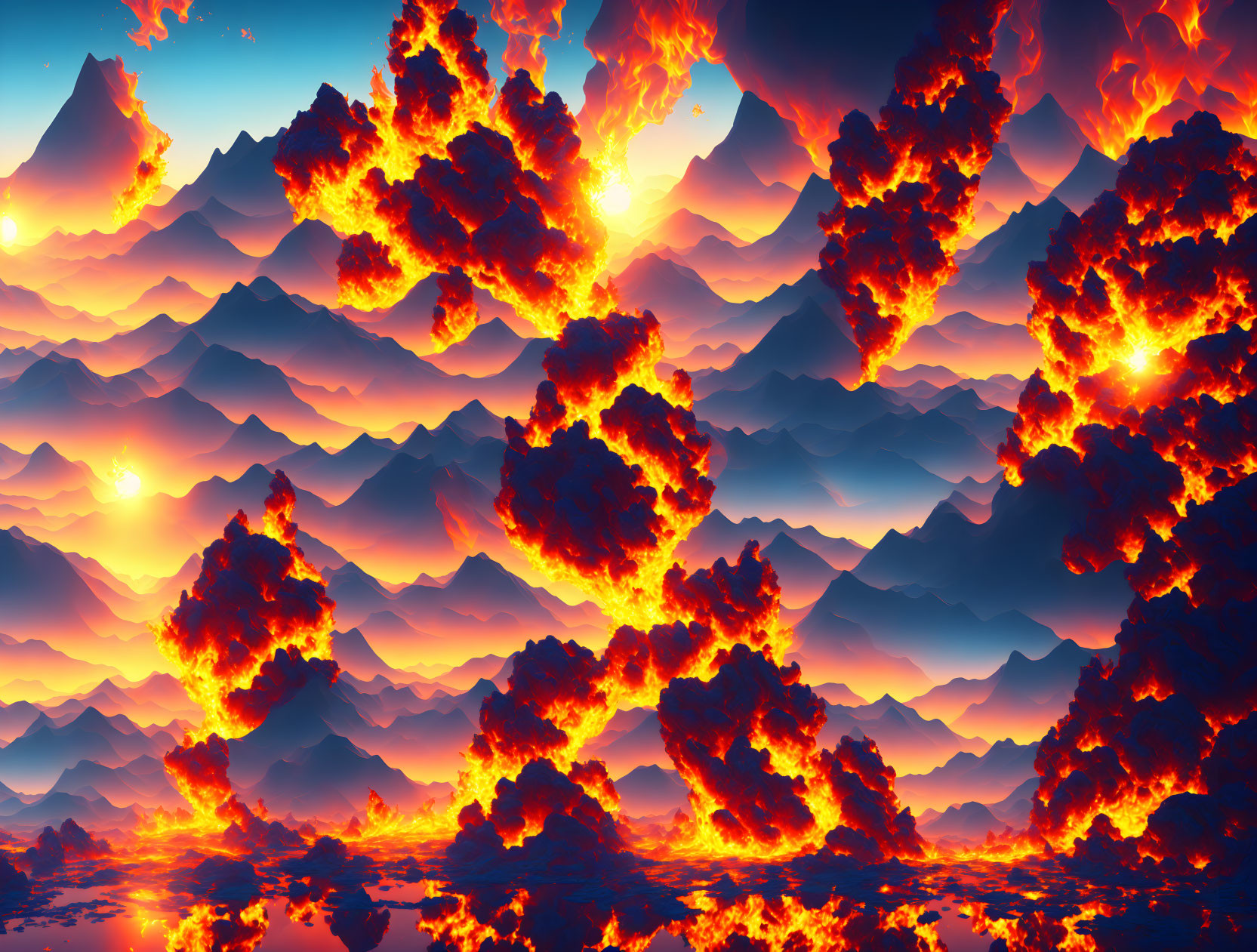 Layered mountains under fiery sky with orange glow