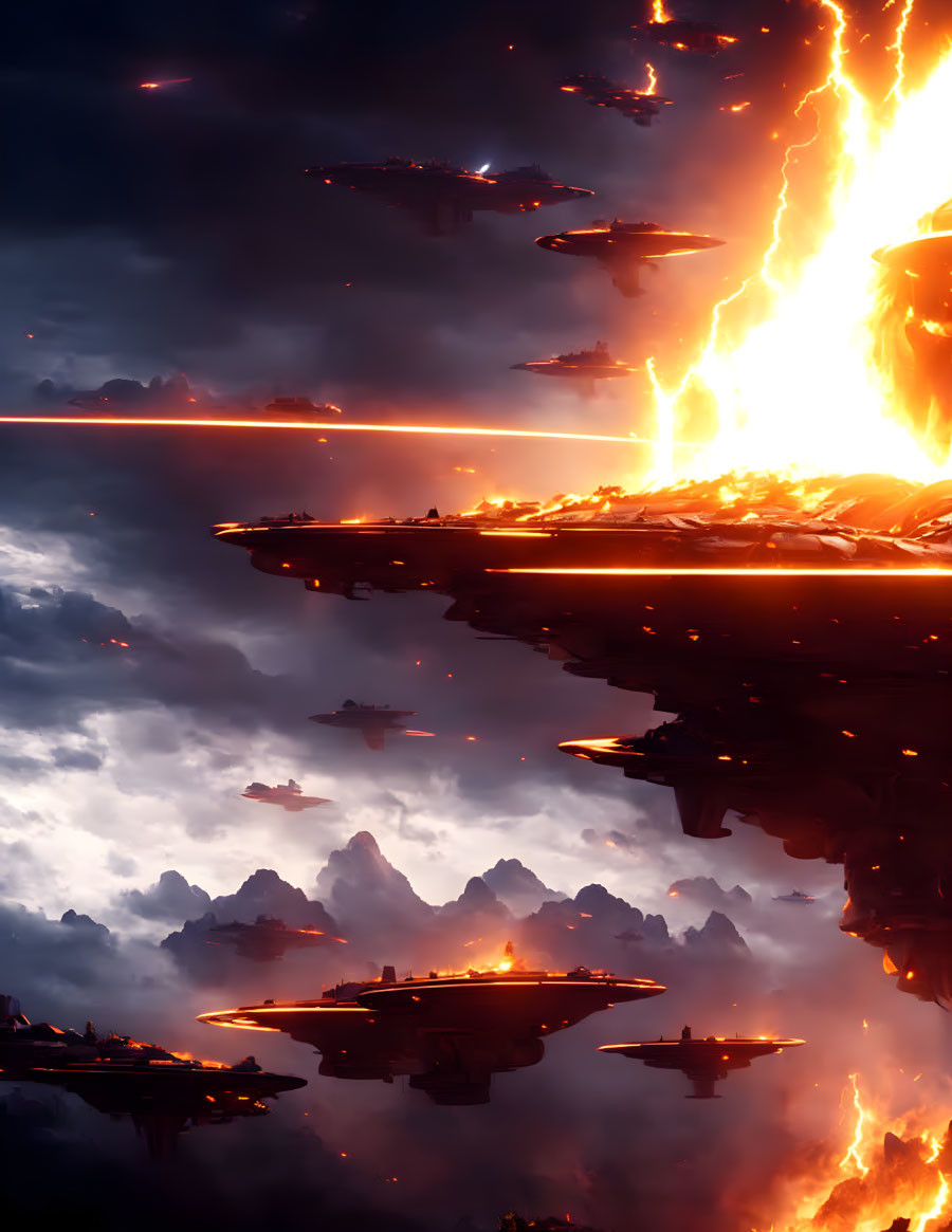 Apocalyptic landscape with hovering ships and fiery lava streams