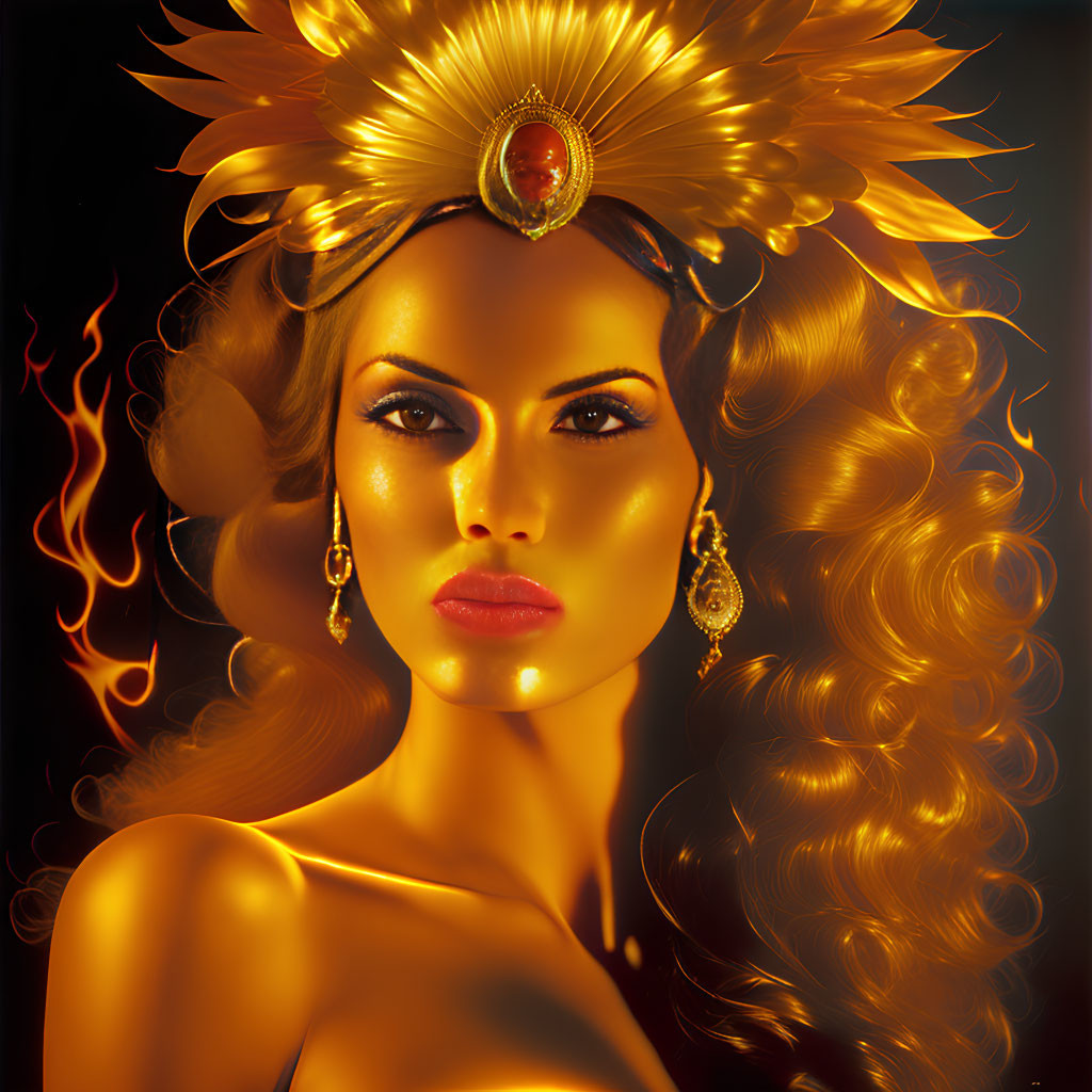 Illustration of woman with golden skin and sun headdress on dark background