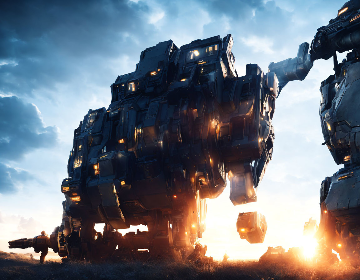 Robotic walkers at sunset in dramatic post-apocalyptic scene