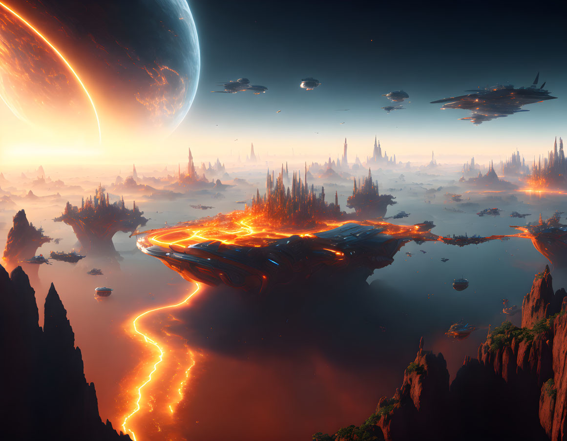 Futuristic sci-fi landscape with floating islands and giant planet in sky