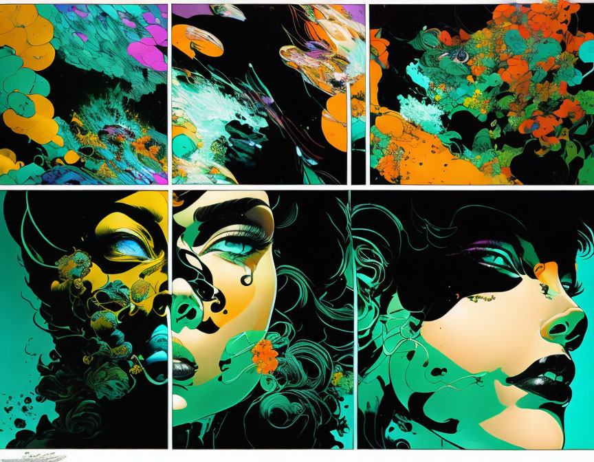 Six-panel Pop Art Collage with Abstract Elements and Stylized Woman Portraits