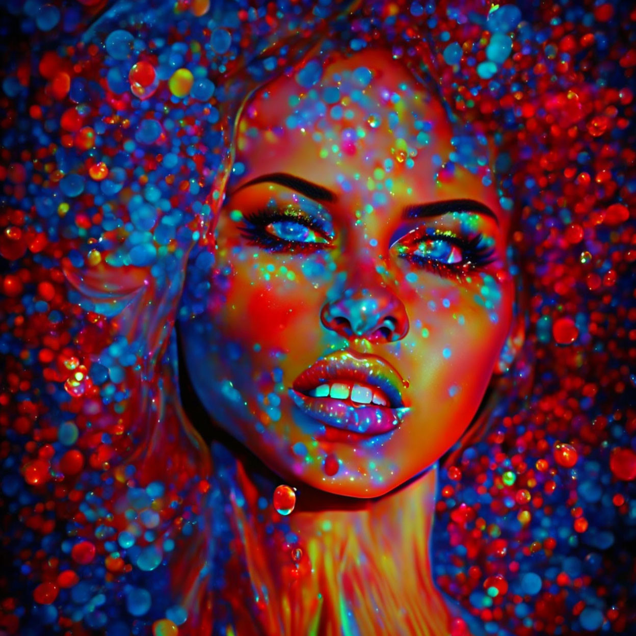 Colorful psychedelic portrait of a woman with blue and red hues and glistening bead-like textures