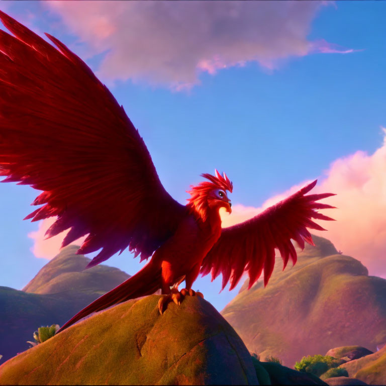 Animated red phoenix perched on rock in purple hills.