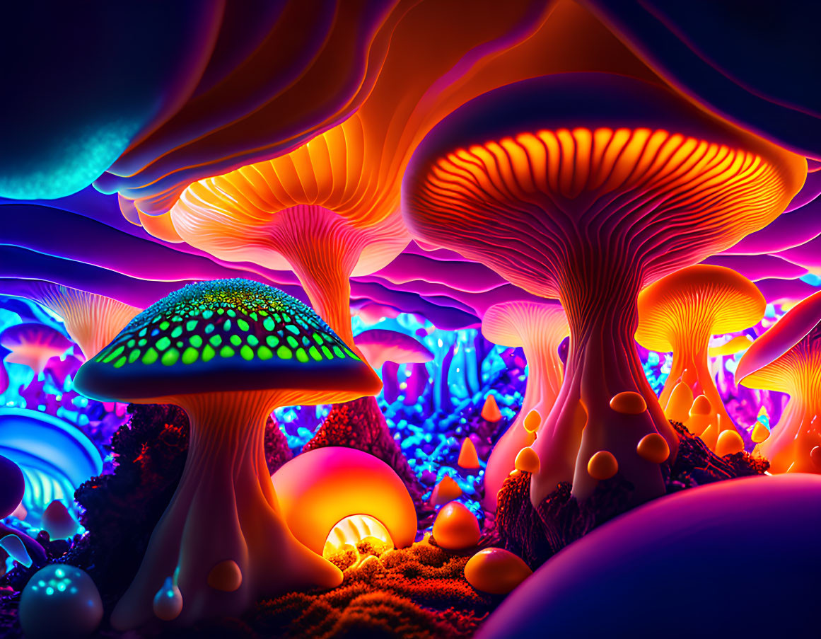 Colorful mushrooms in neon-lit fantasy landscape