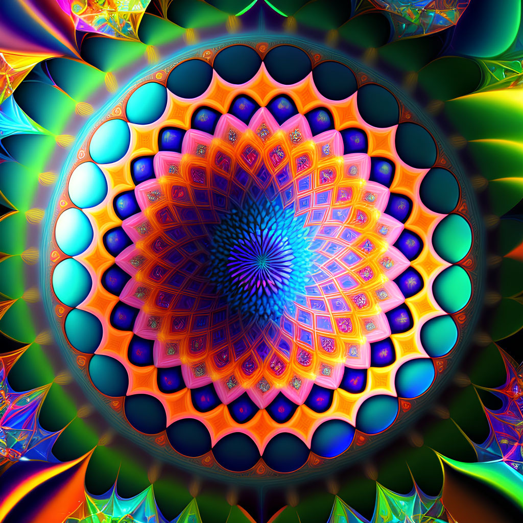 Colorful Circular Fractal with Geometric Shapes and Kaleidoscopic Patterns