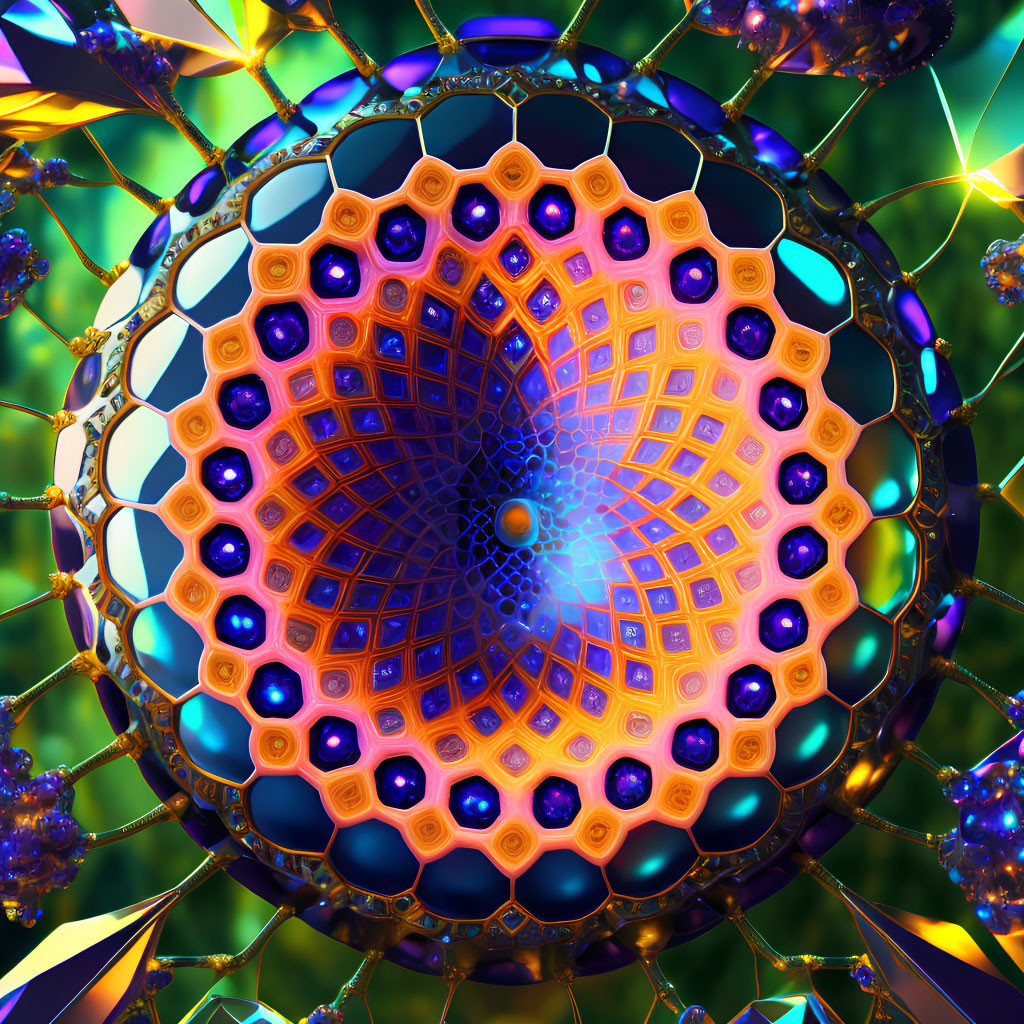 Colorful Fractal Digital Art: Spherical Design with Hexagonal Patterns