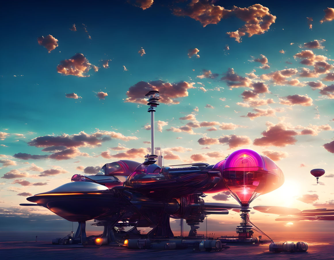 Futuristic spacecraft on platform under dramatic sky at sunrise or sunset