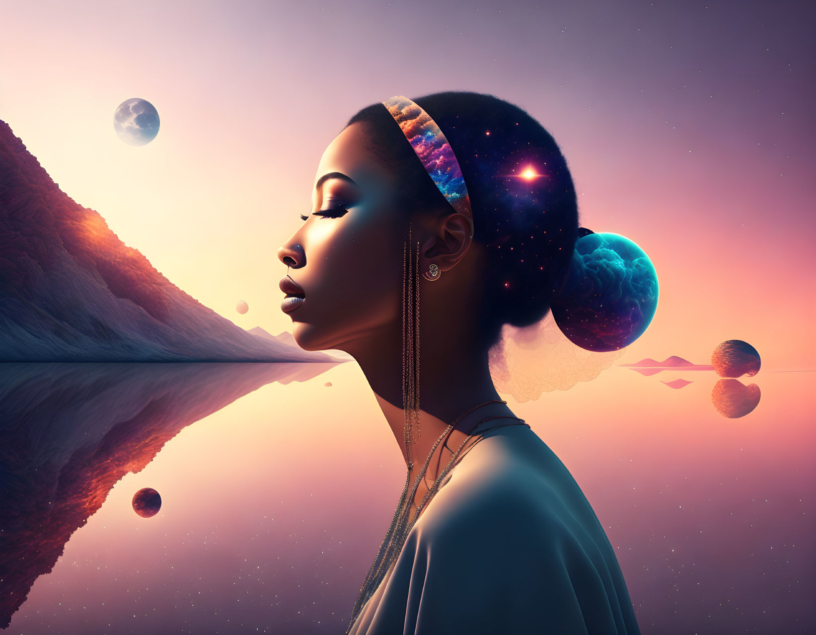 Woman with cosmic hairdo and jewelry in mountainous planet reflection.