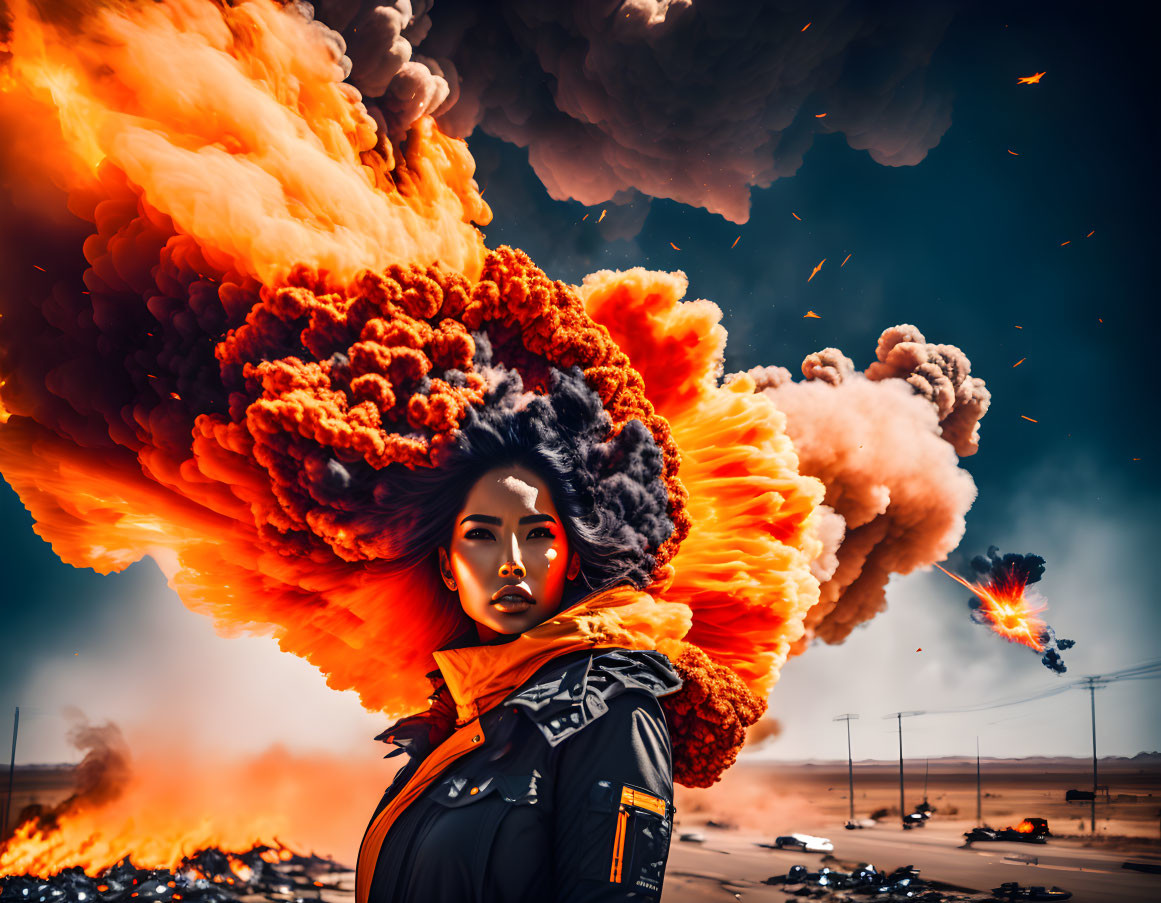 Woman with Striking Makeup Stands Before Dramatic Explosion