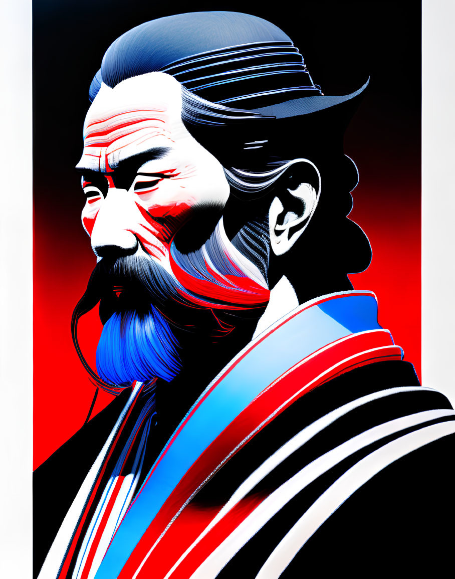 Illustration of a man with beard & mustache in red, white, blue, and black colors