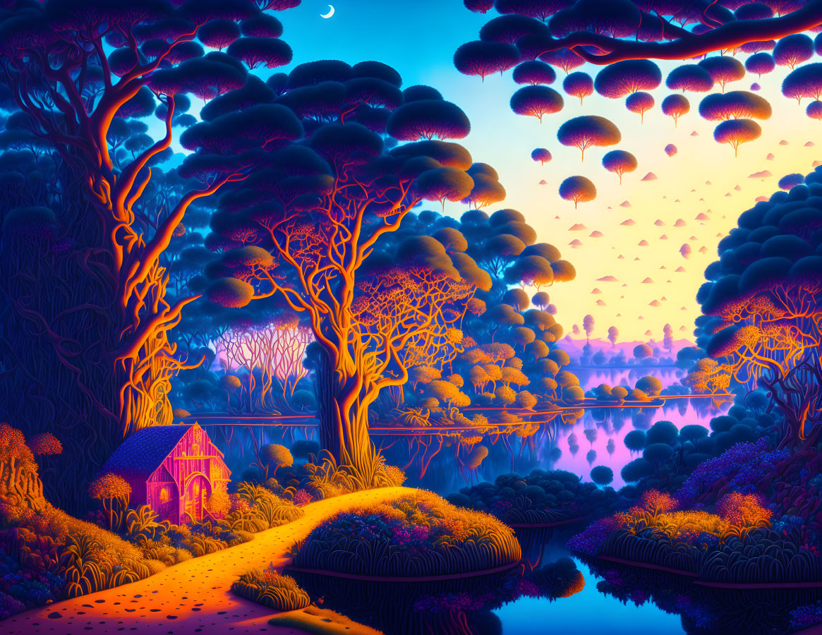 Neon-colored landscape with trees, lake, house, and hot air balloons