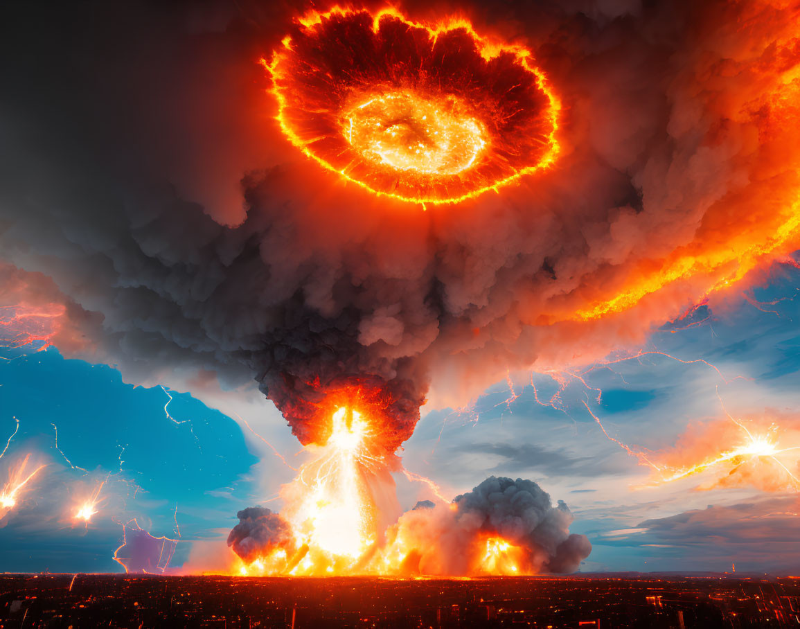 Volcanic eruption with lightning storm creating glowing eye shape above cityscape