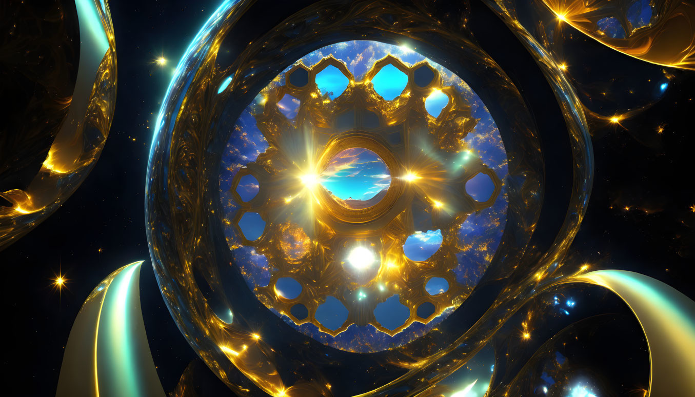 Symmetrical Blue and Gold Fractal Image in Dark Space