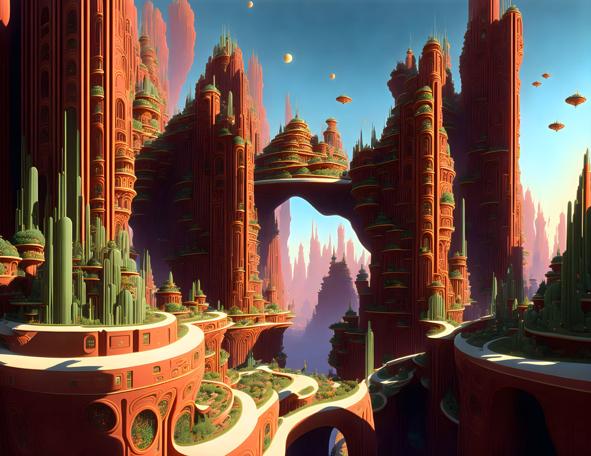 Futuristic cityscape with towering spires in desert setting