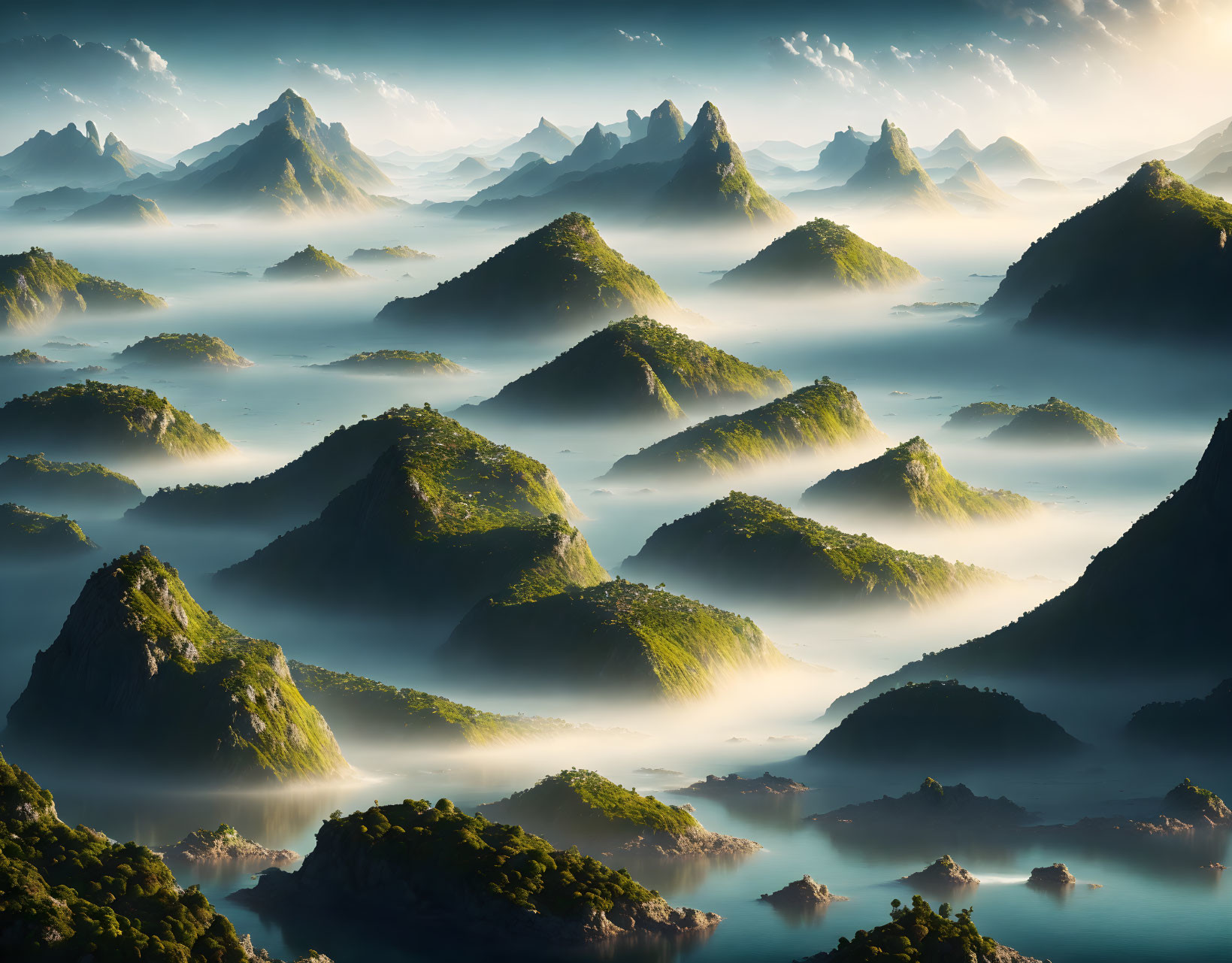 Mystical mountain landscape with sea of clouds and green peaks