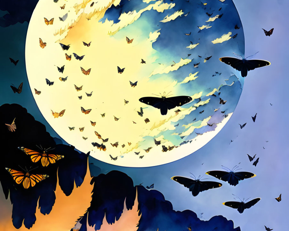 Surreal illustration of butterflies under glowing moon