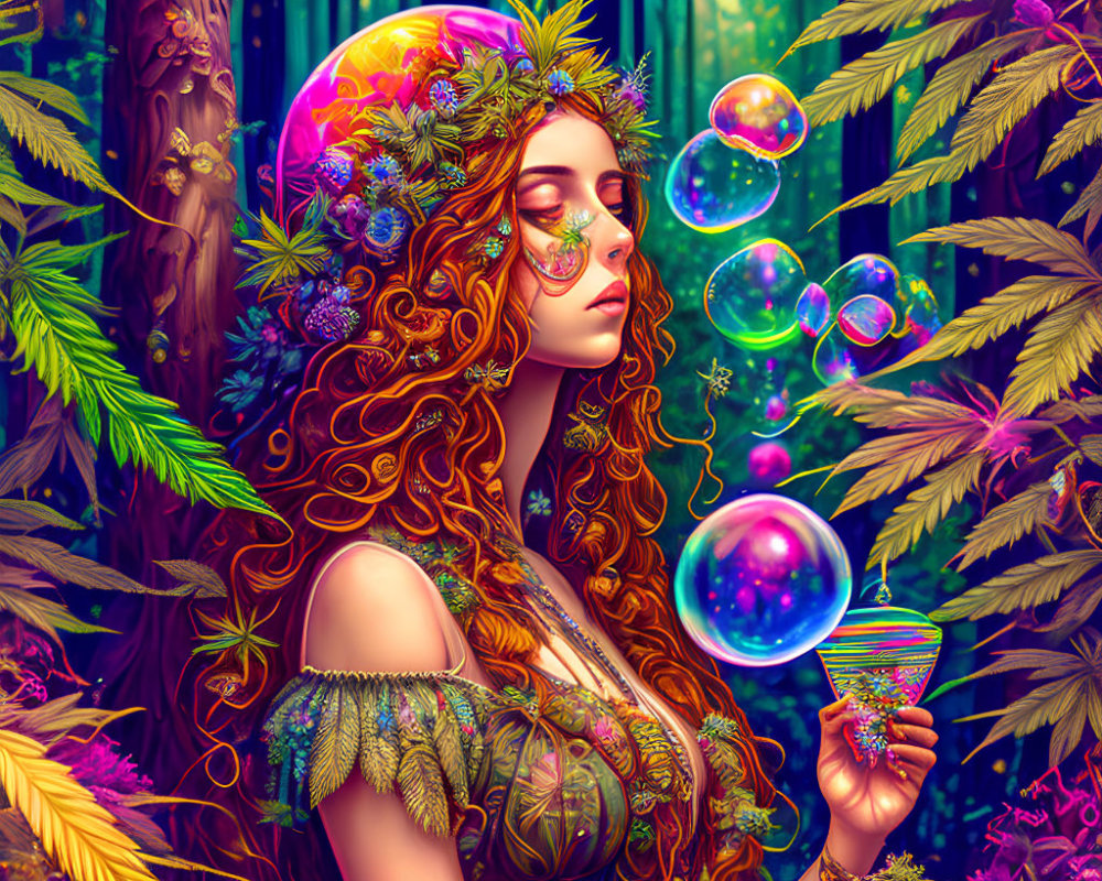 Mystical woman with ornate headwear in vibrant forest scene