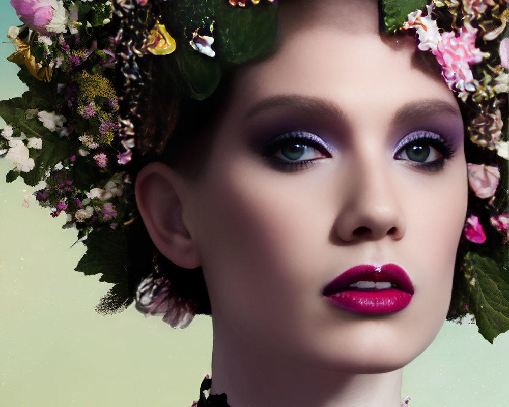 Woman with Floral Crown and Vibrant Makeup: Purple Eyeshadow, Pink Lipstick