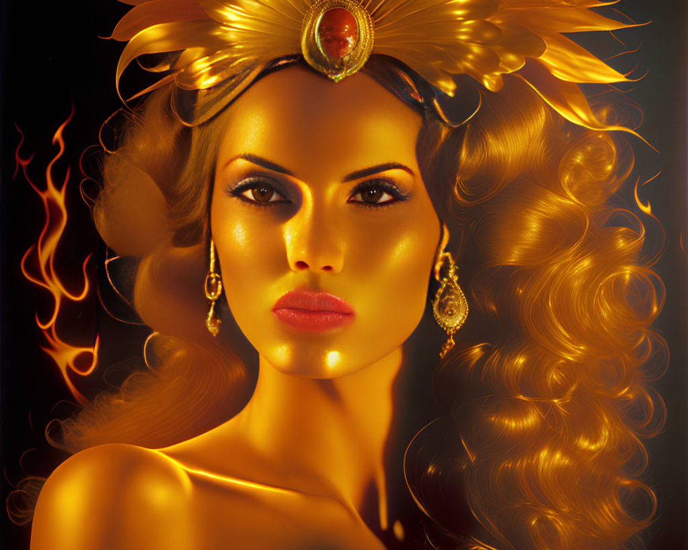 Illustration of woman with golden skin and sun headdress on dark background