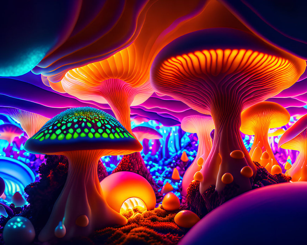 Colorful mushrooms in neon-lit fantasy landscape