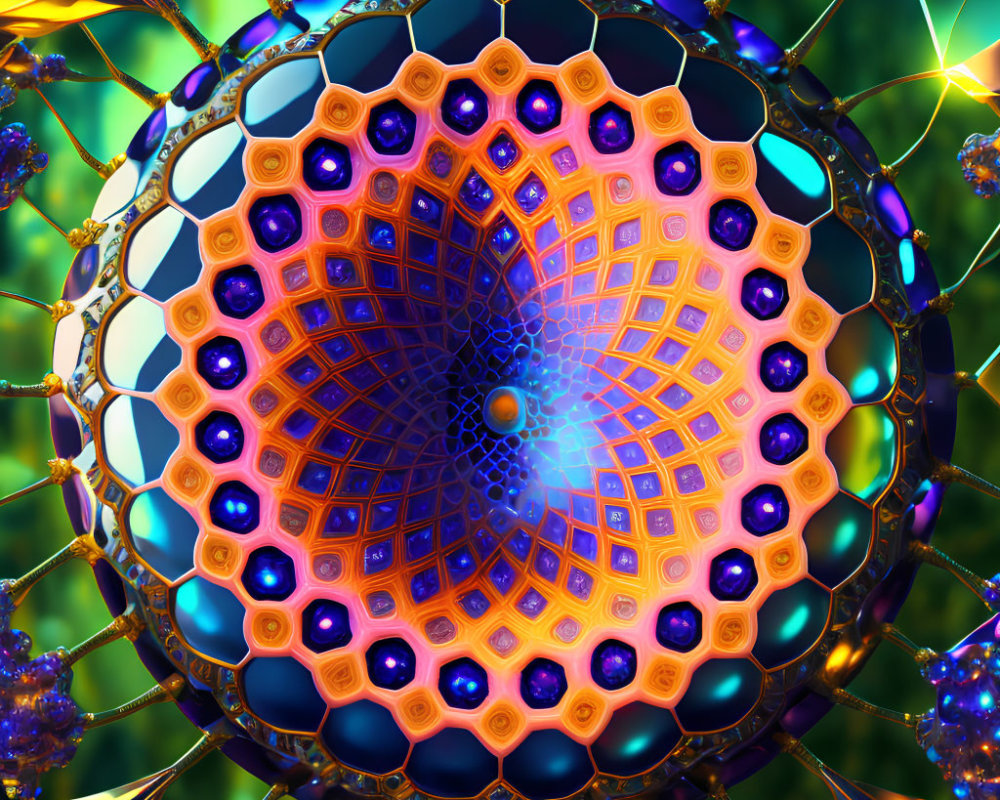 Colorful Fractal Digital Art: Spherical Design with Hexagonal Patterns