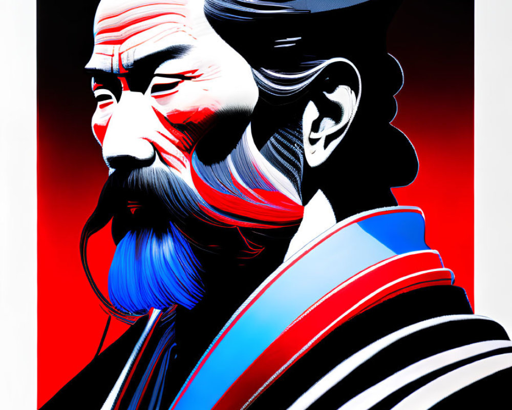 Illustration of a man with beard & mustache in red, white, blue, and black colors