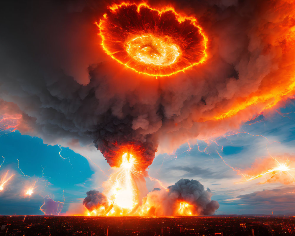 Volcanic eruption with lightning storm creating glowing eye shape above cityscape