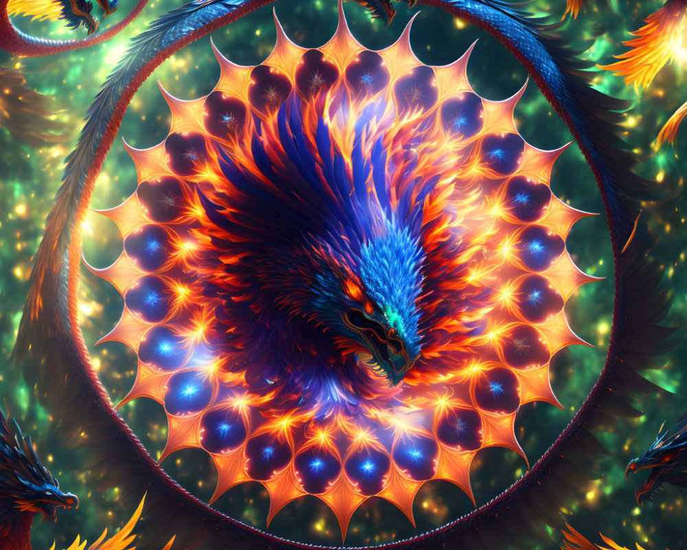 Colorful Phoenix Birds in Circular Frame on Cosmic Background