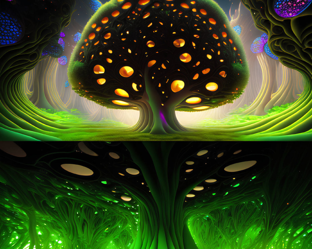 Symmetrical fantasy trees in vibrant digital artwork