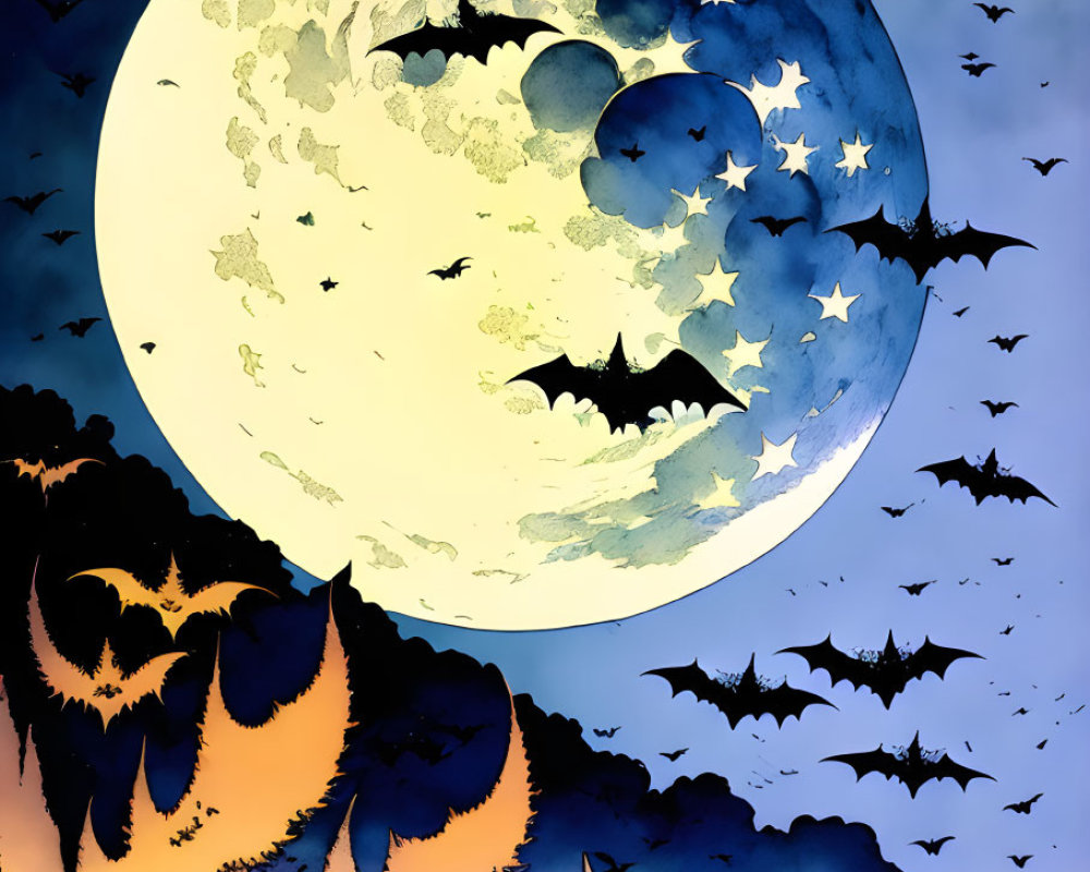 Illustration of bats flying under glowing moon