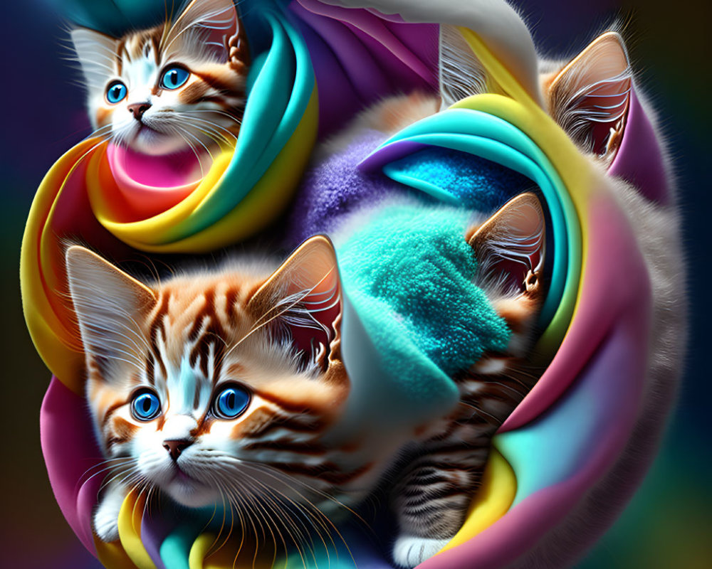 Colorful surreal image of merging kittens in swirling patterns