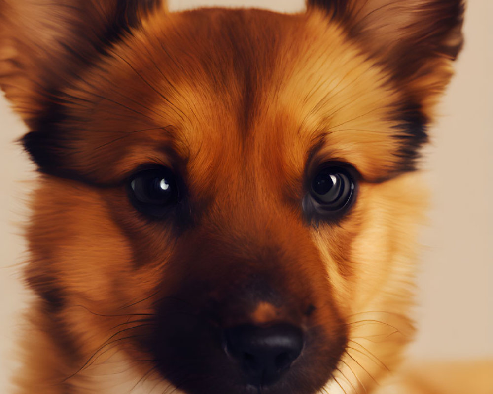 Brown and Tan Dog with Pointy Ears and Deep Brown Eyes on Beige Background