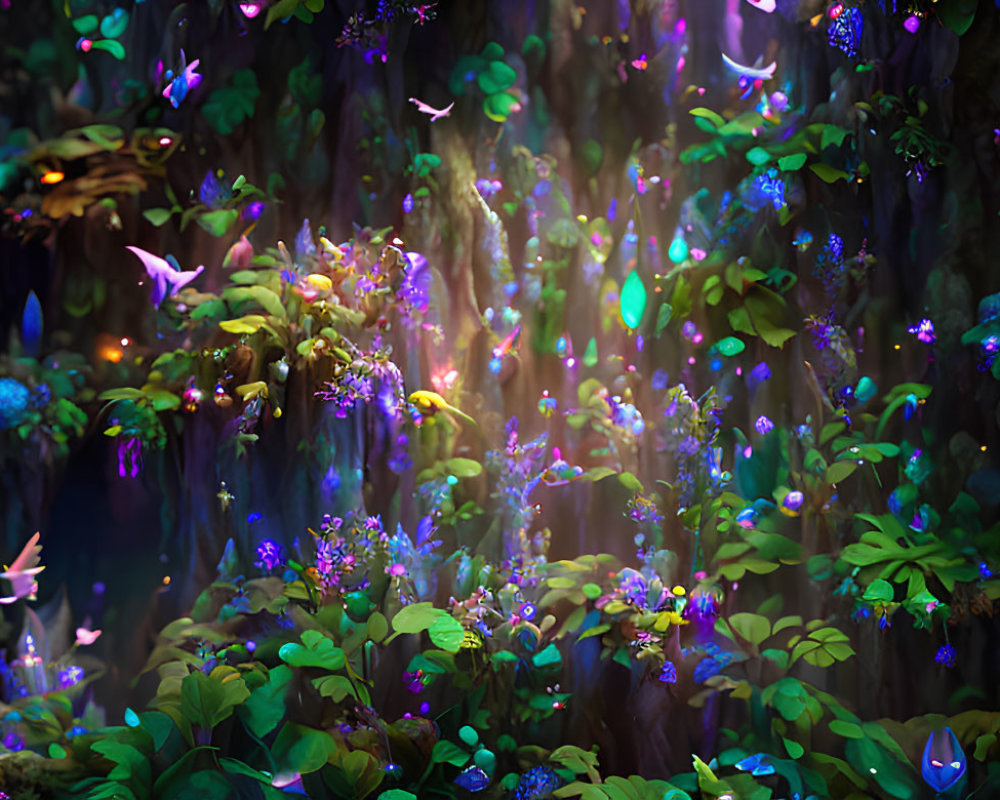 Enchanting forest with glowing flowers, soft light, and fluttering butterflies