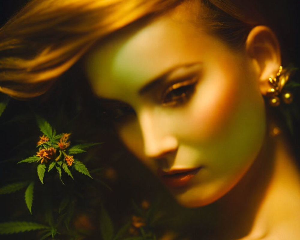 Woman with flowing hair in shadows surrounded by green foliage and warm sunlight.