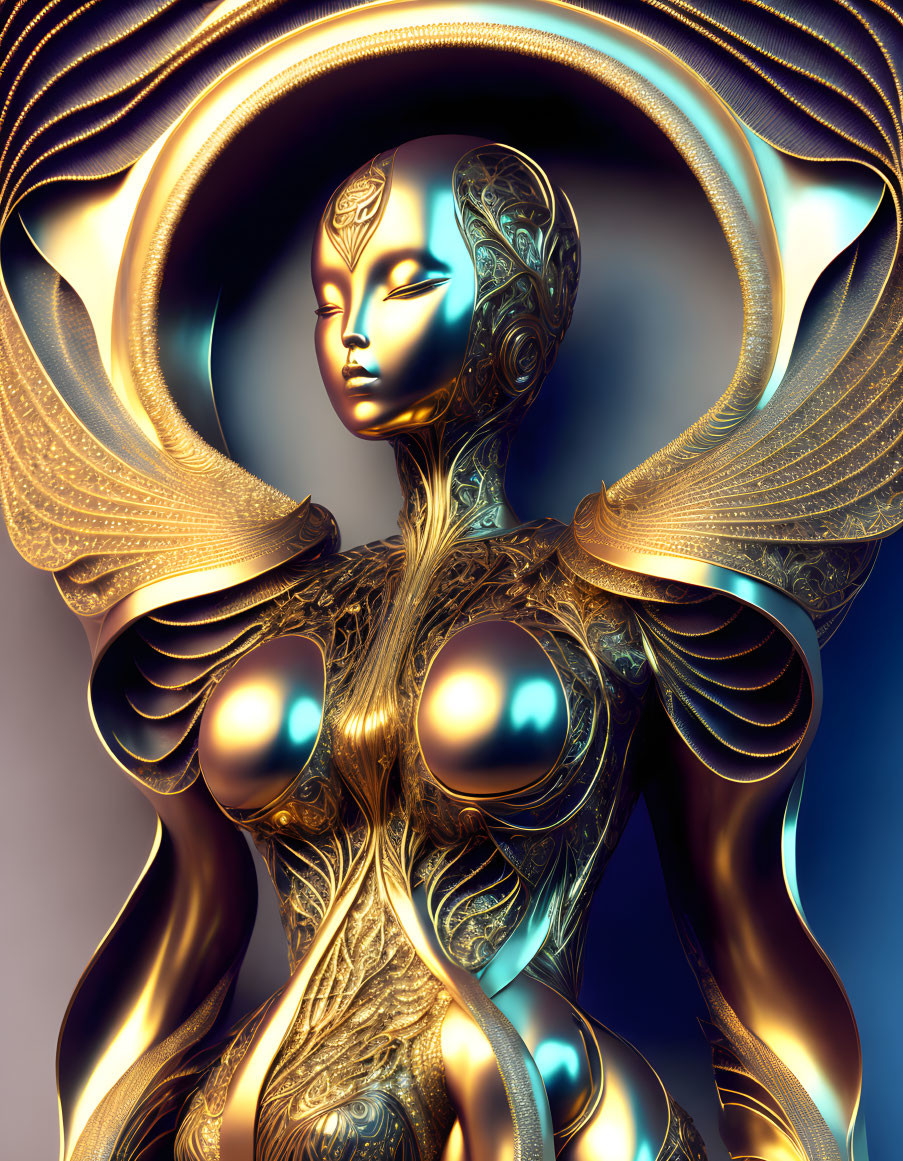 Golden female android with intricate designs and halo headpiece on blue background