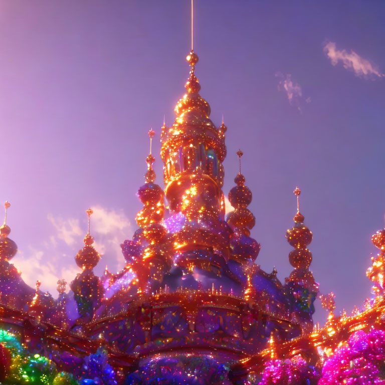 Ornate castle with golden spires and colorful lights at twilight