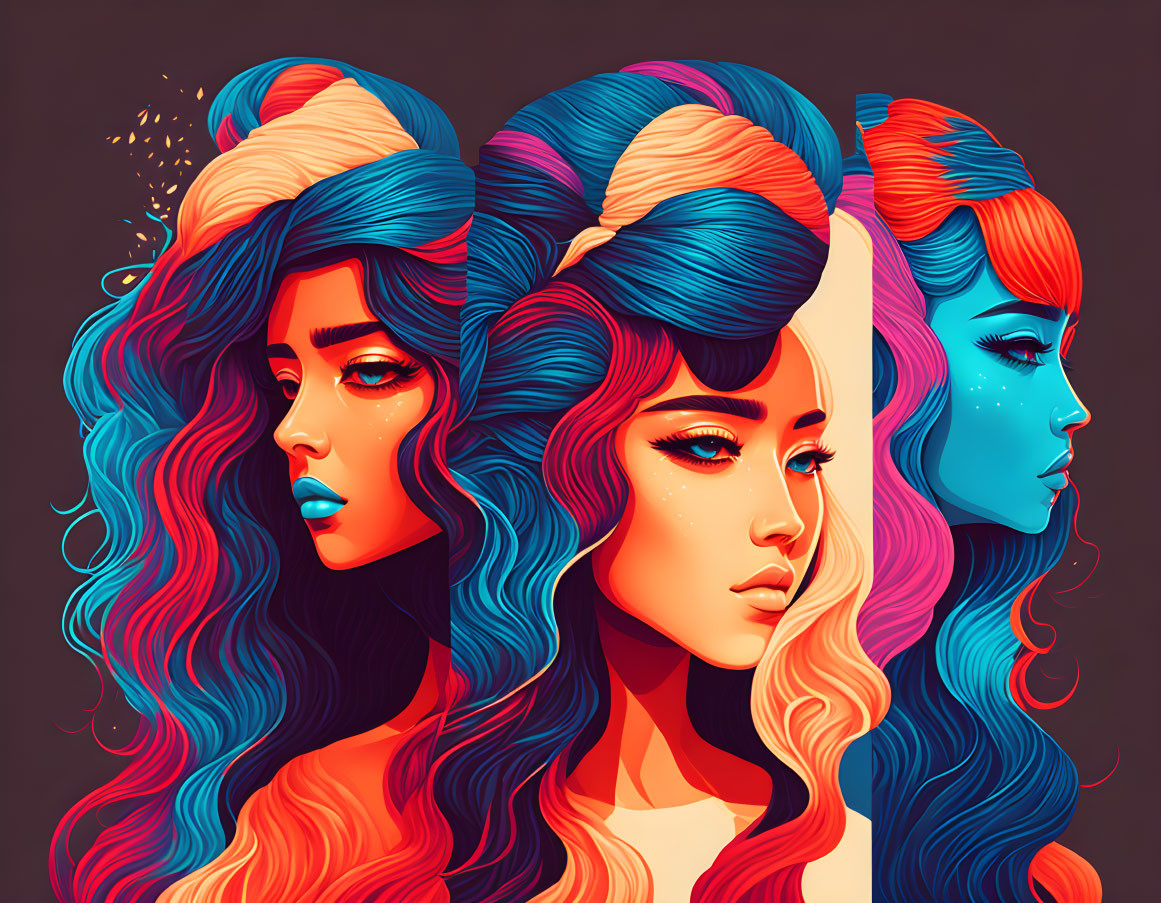 Three women with vibrant multicolored hair: blue, red, and orange, styled in intricate bra