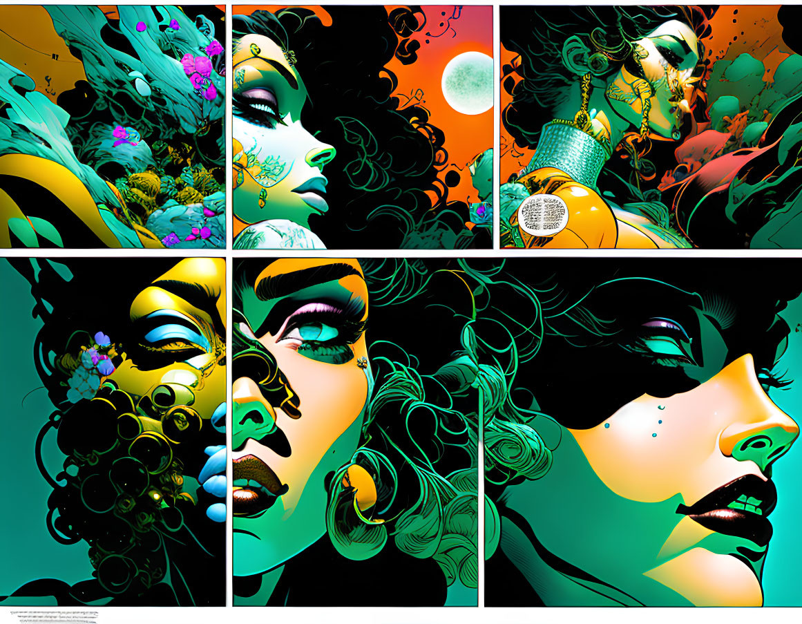 Colorful Triptych of Women's Portraits with Abstract Floral and Cosmic Backgrounds