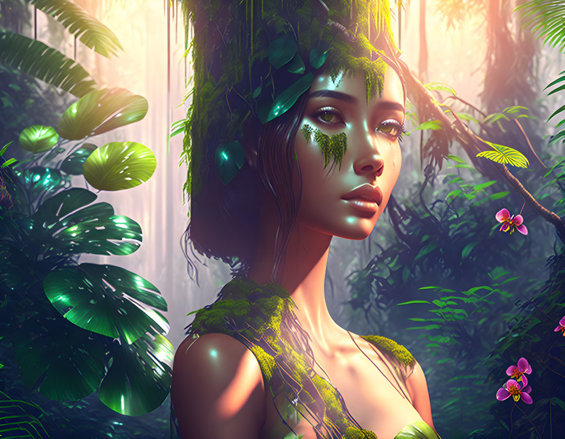 Digital artwork of woman in forest theme with lush greenery and ethereal appearance.